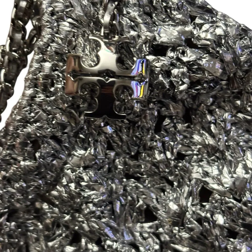 Tory Burch Fleming Metallic Woven Mini Hobo Bag Chain Crossbody SILVER New w/tag